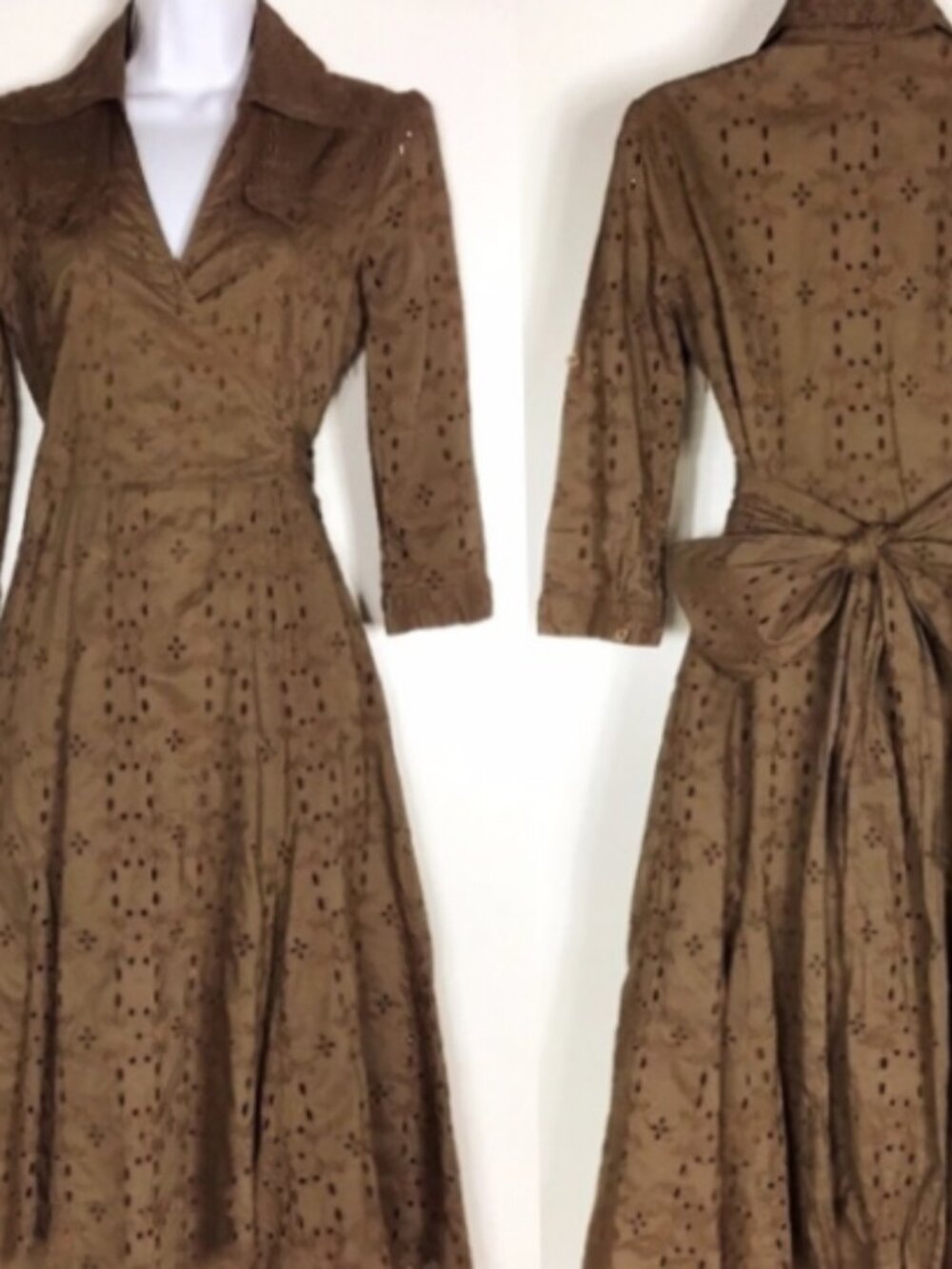 Cabi Women's Eyelet Lace Belted Wrap Dress Brown Midi Cottagecore size 10